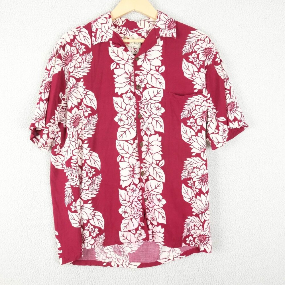 Hiko Hattie Shirt Mens Medium Red White Hawaiian Camp Floral Striped Tropical